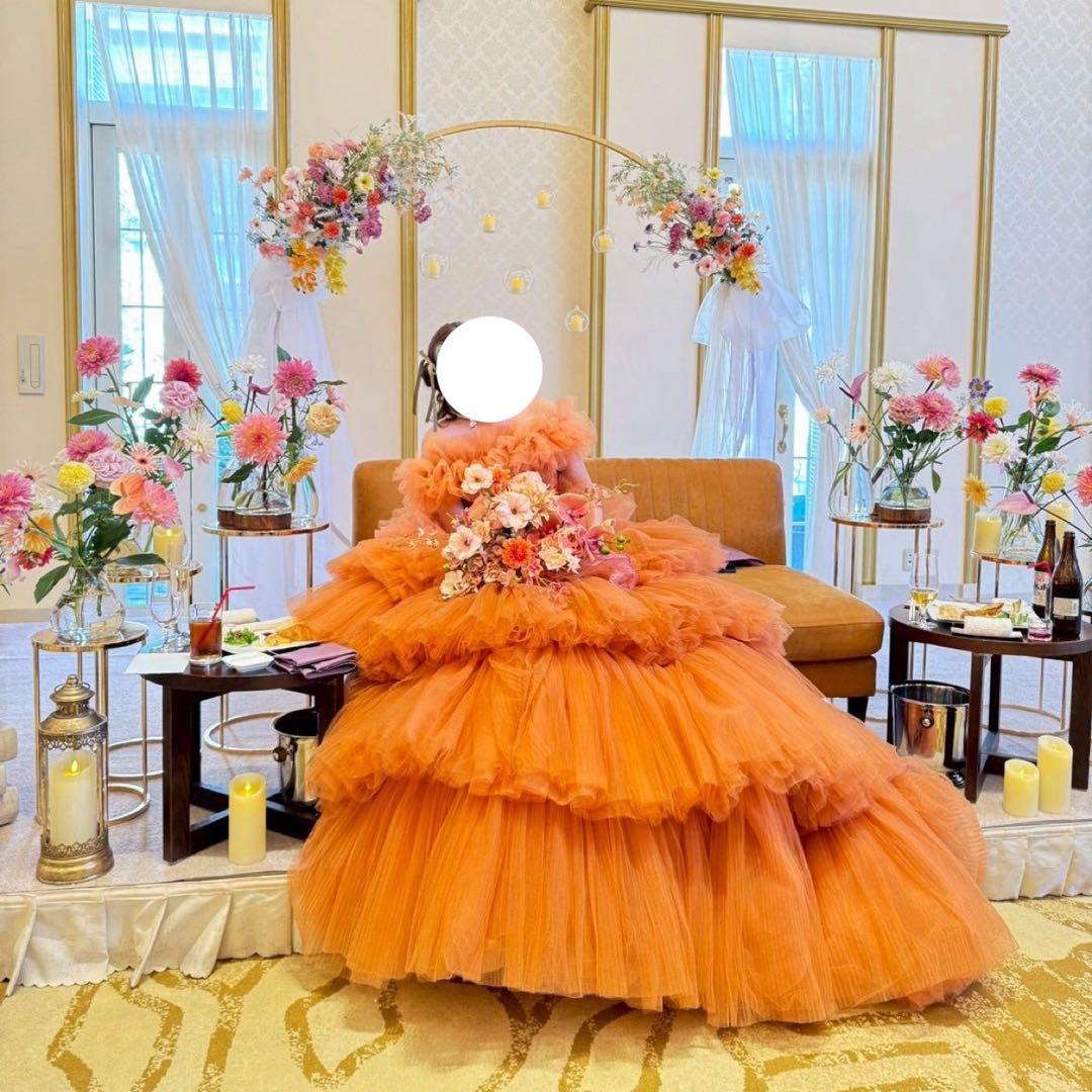 オレンジ ワンショルダー フリルドレス