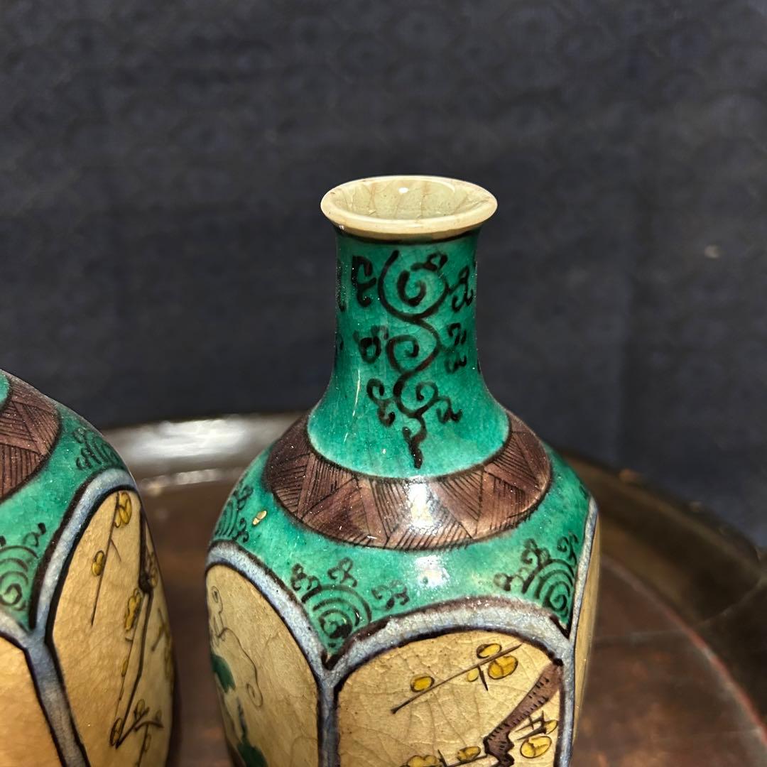 群馬県からの蔵出品　江戸〜明治期頃　青手面取窓絵九谷徳利　一対　無傷　本物保証