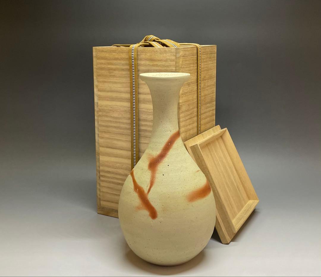 人間国宝　伊勢崎淳　緋襷花入　箱付(四方桟) 　U901