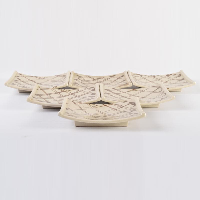 織部焼　四方皿　銘々皿　六客　在銘　共箱　C　6961