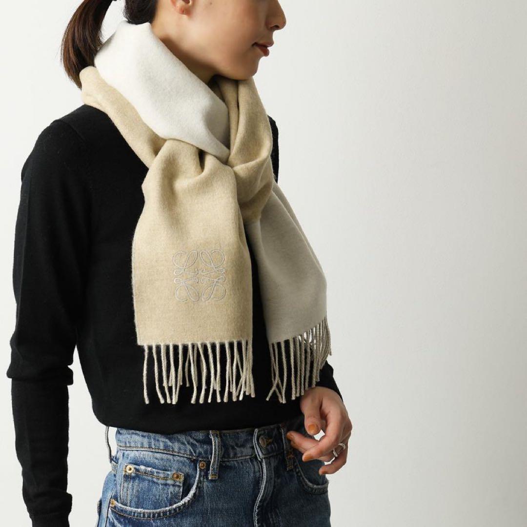 ロエベ LOEWE リバーシブルマフラー アイボリー×ライトベージュ