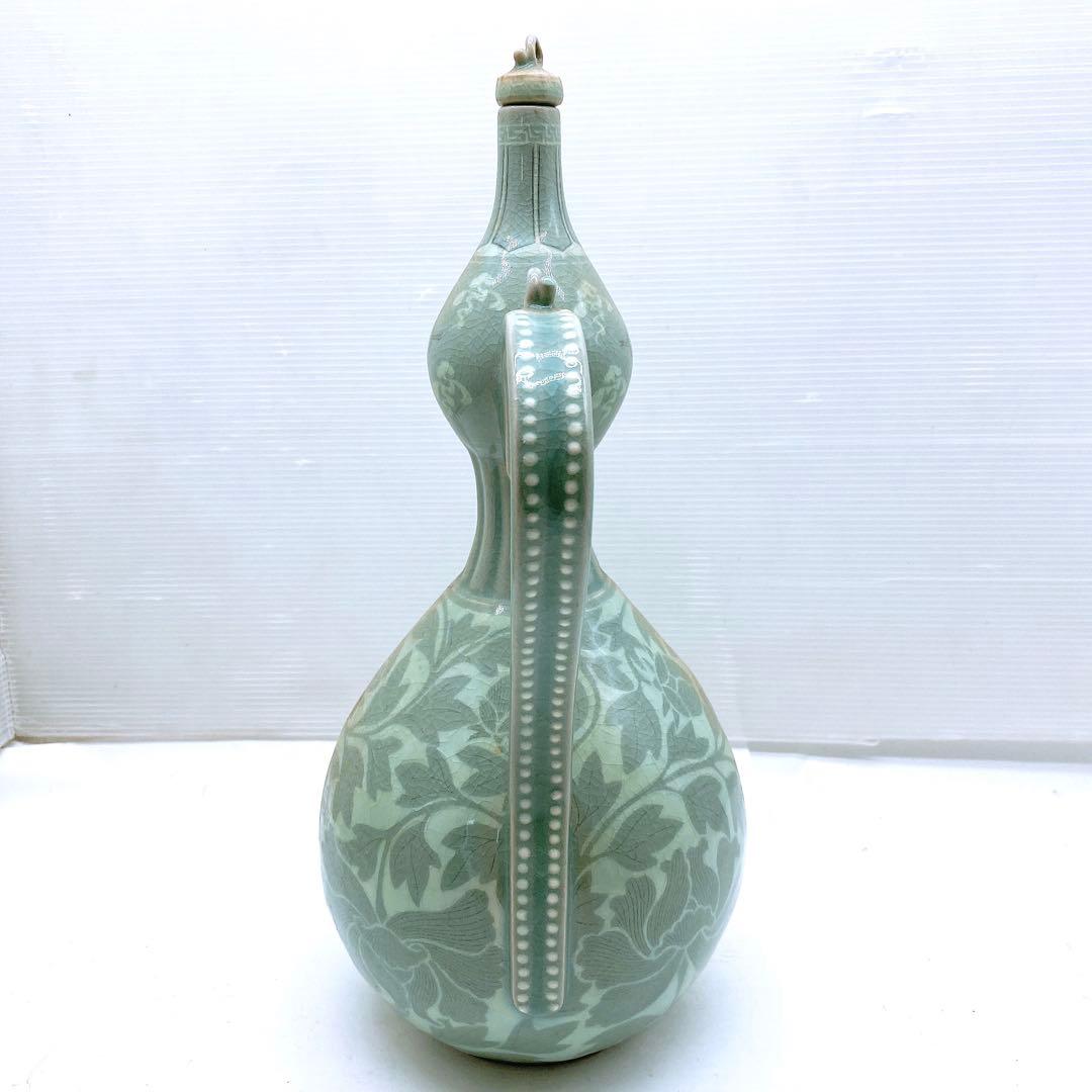 J*1様 希少 韓国人間国宝 ユへガン 柳海剛 高麗青磁 グリーン水注 花柄 テ