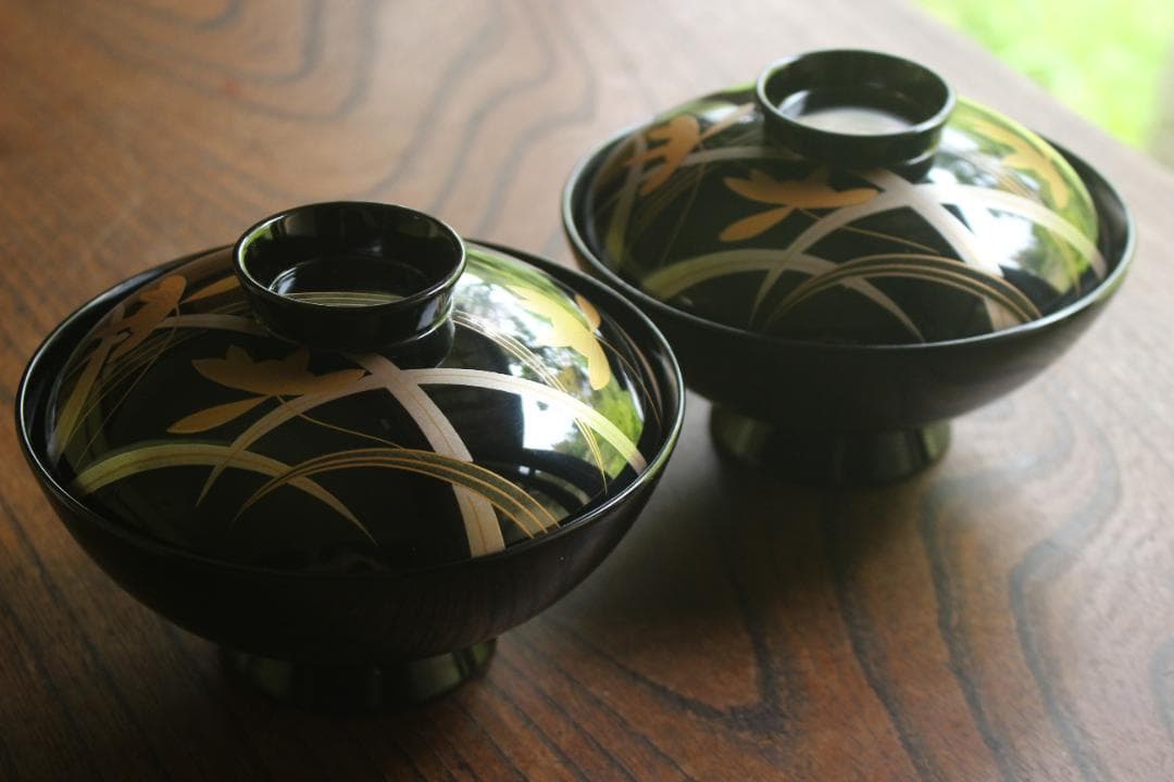 デッドストック！端正な黒漆に極上蘭蒔絵の美しいお椀2点（検輪島塗蒔絵椀雑煮椀