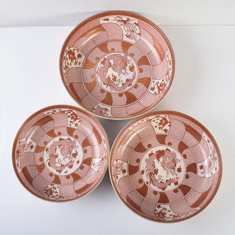 九谷焼　古九谷　赤絵八郎手　龍文　三つ組入れ子　菓子鉢　時代箱　G　R9171H