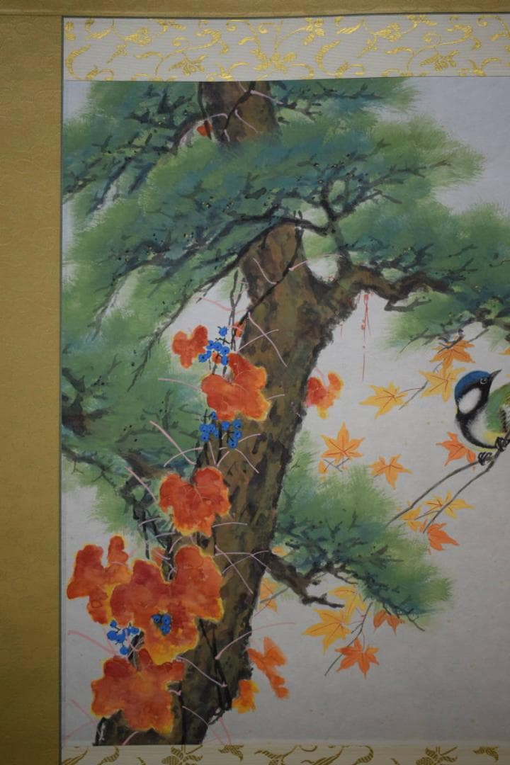 不詳/作者不詳/紅葉に小禽図/桐共箱二重箱付/布袋屋掛軸HG-354