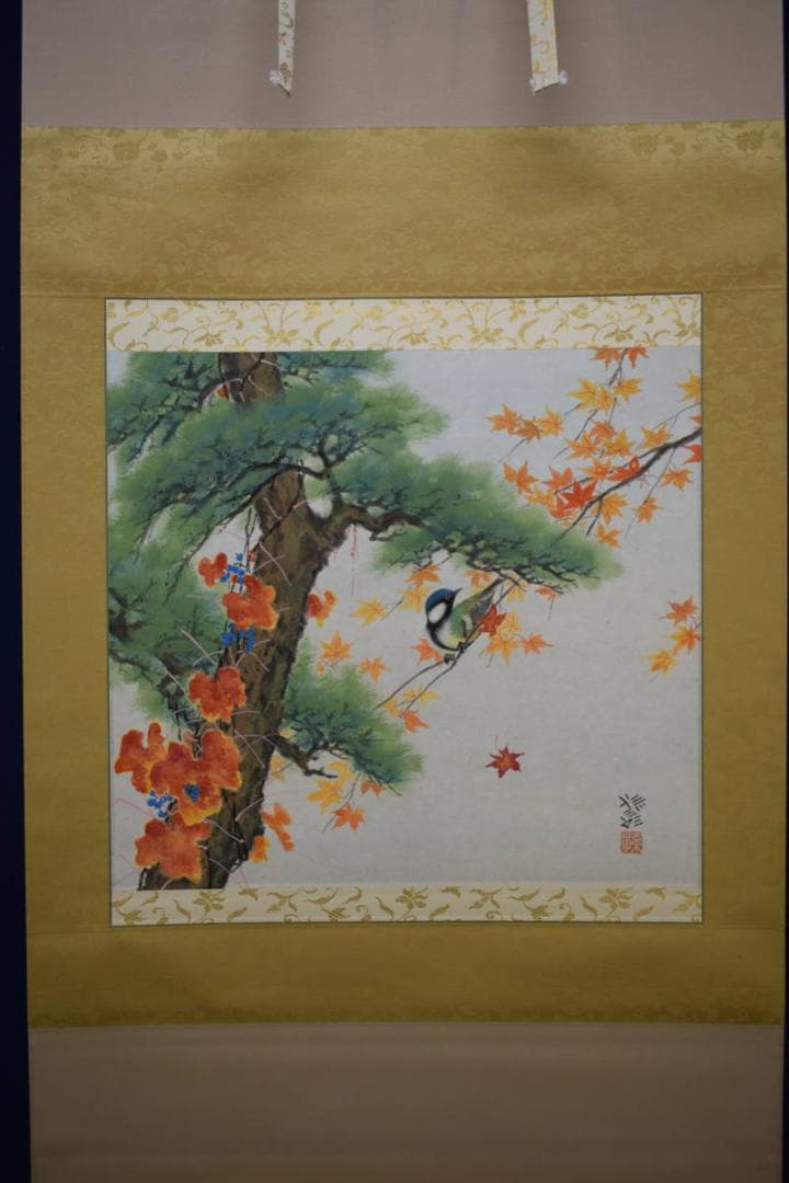 不詳/作者不詳/紅葉に小禽図/桐共箱二重箱付/布袋屋掛軸HG-354