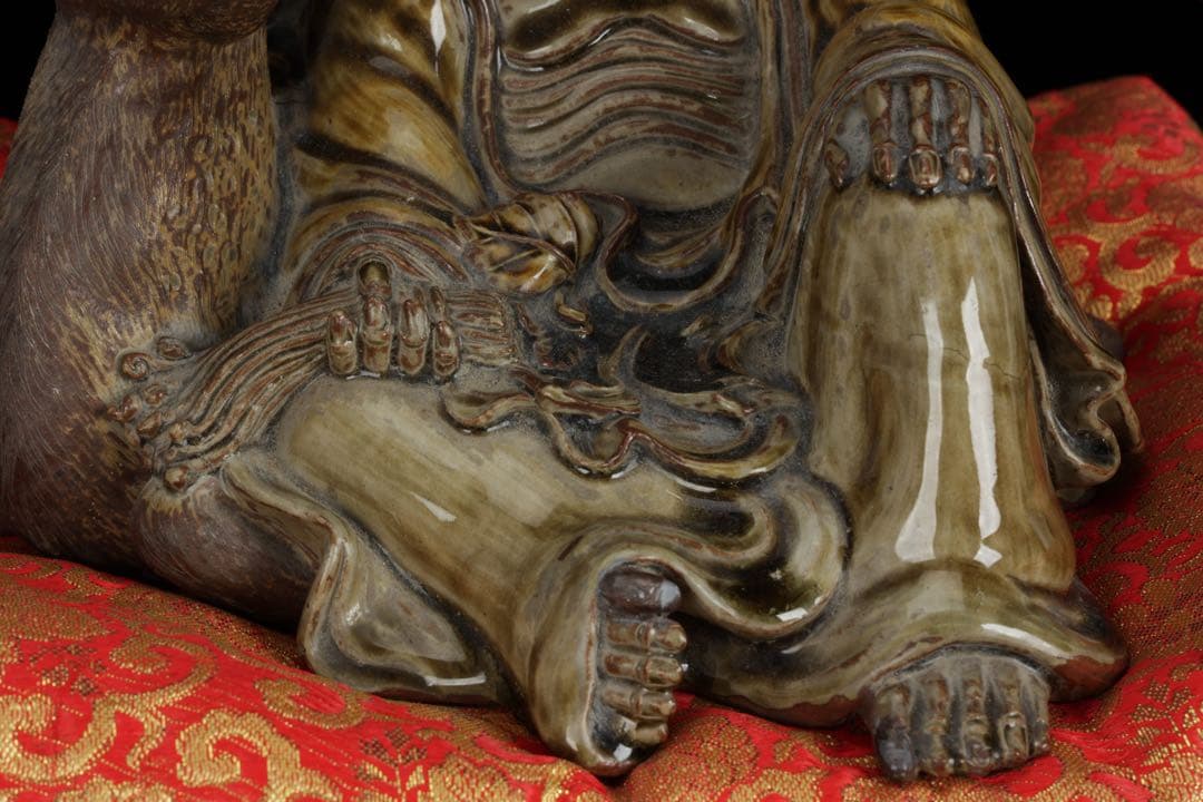 【古高取焼】鹿寿老像 七福神 長寿神 福禄寿 縁起物 置物 陶磁器 古作 共箱付