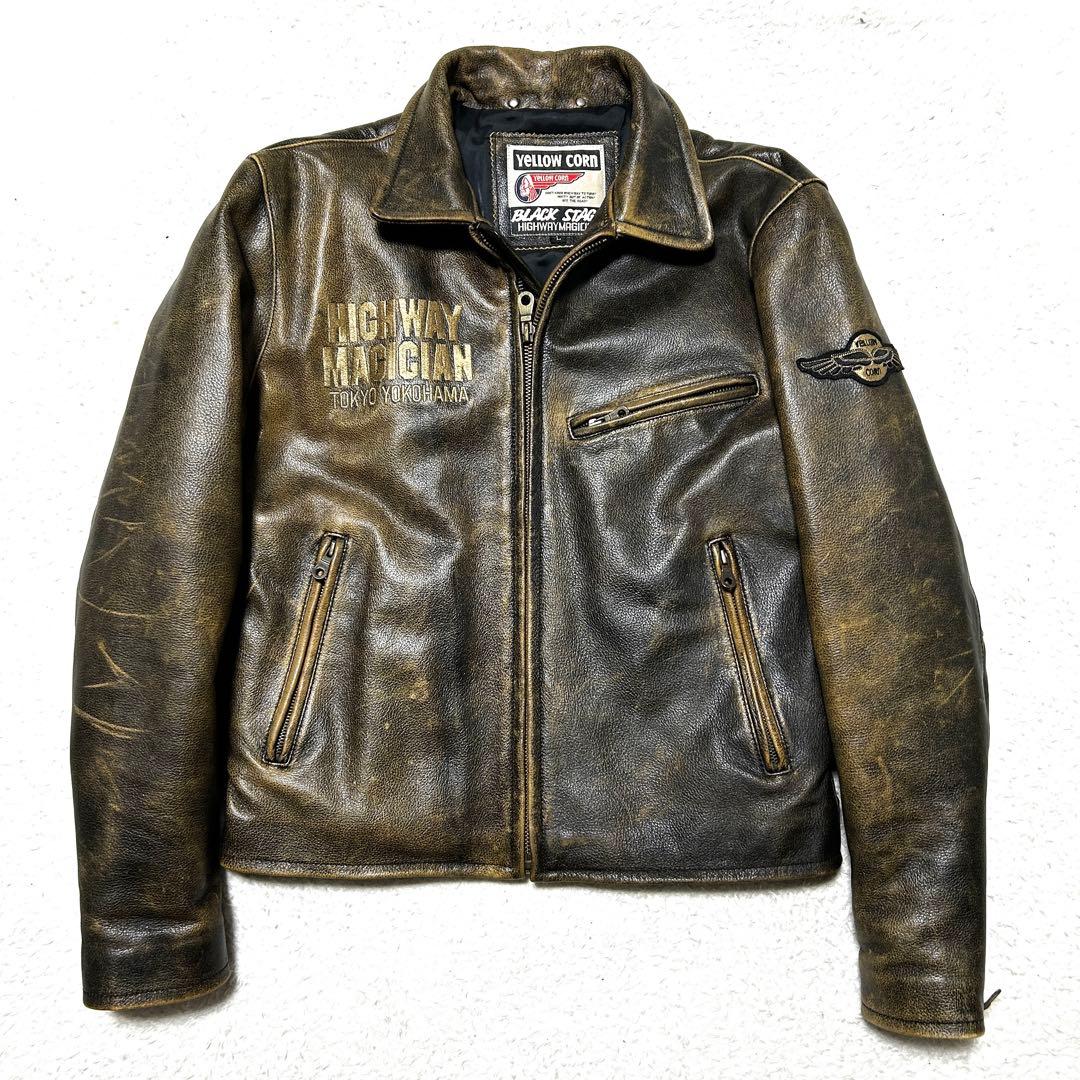 YeLLOW CORN シングルライダース 金刺繍 ロゴ ワッペン ブラウン L