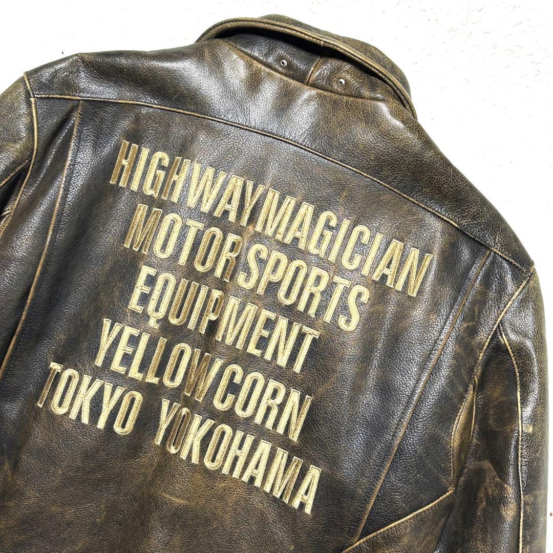 YeLLOW CORN シングルライダース 金刺繍 ロゴ ワッペン ブラウン L