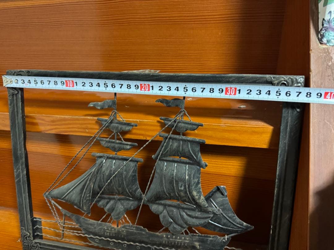 船の金属製装飾アート　アンティーク　インテリア　帆船　額縁　アルミ