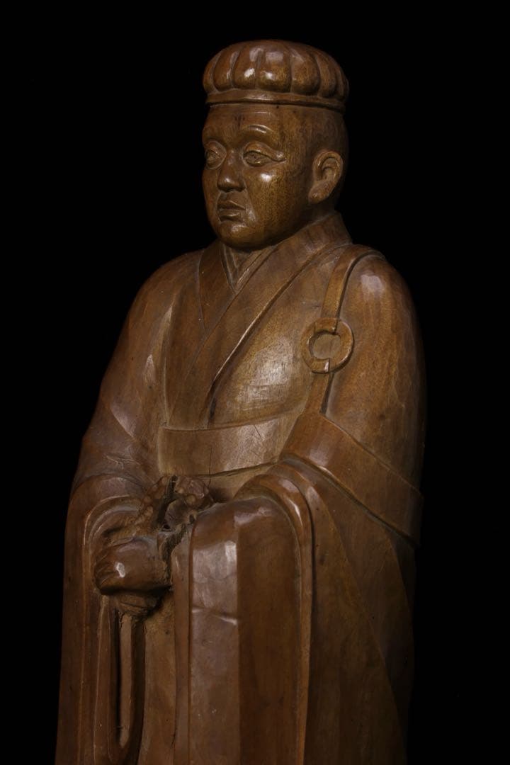 光刀 木彫 千利休像 26cm 在銘 天然木 彫刻 置物 人物像 骨董品 古美術