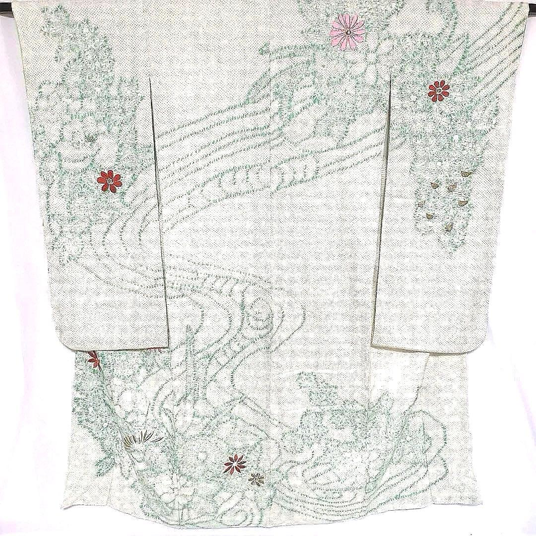 4k2103 振袖　正絹　袷　藤娘きぬたや　総絞り　刺繍　緑　白　赤　金色　花柄