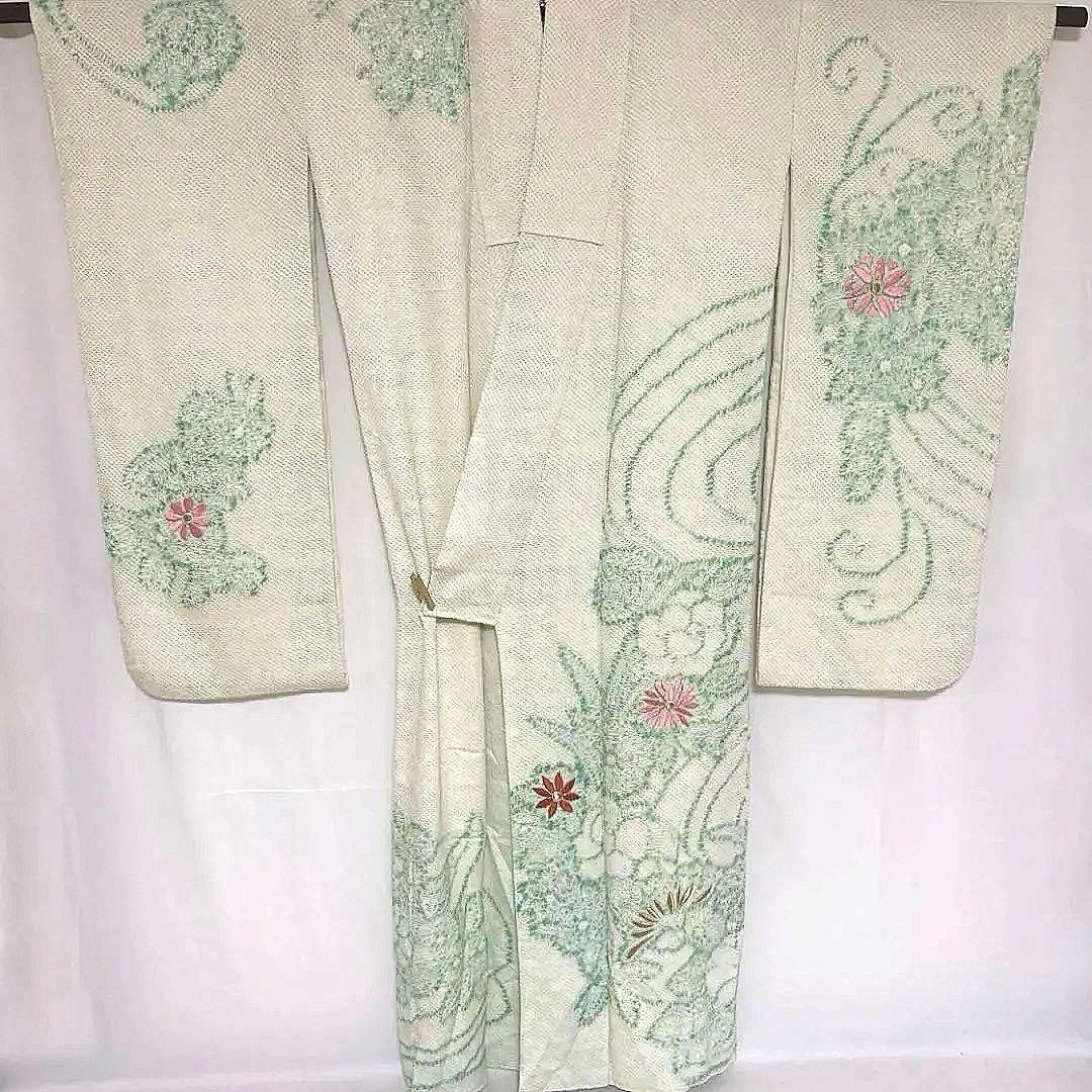 4k2103 振袖　正絹　袷　藤娘きぬたや　総絞り　刺繍　緑　白　赤　金色　花柄