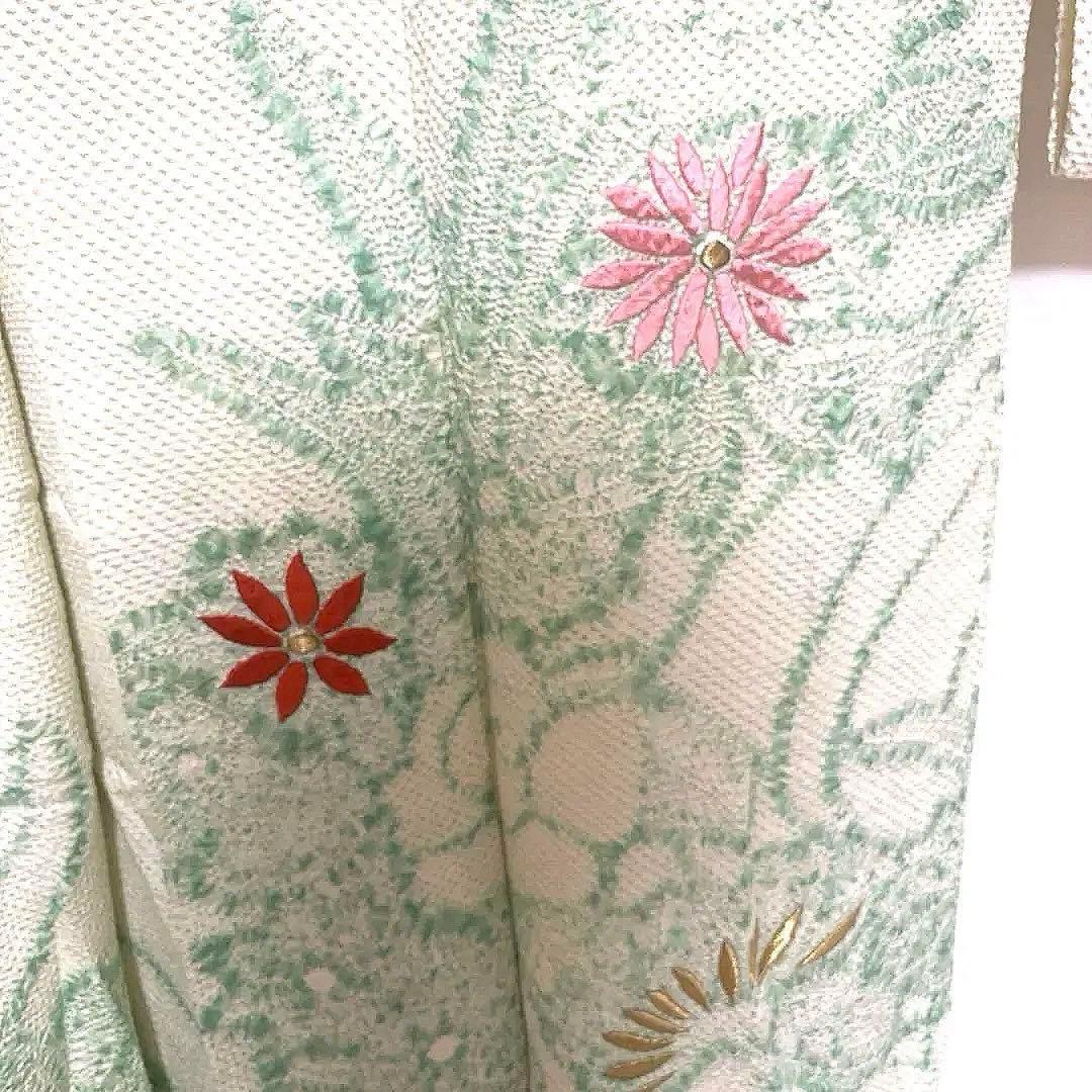 4k2103 振袖　正絹　袷　藤娘きぬたや　総絞り　刺繍　緑　白　赤　金色　花柄