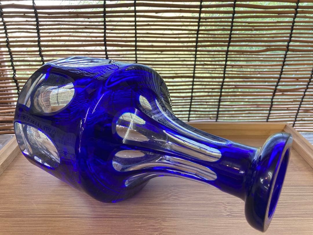 【美品】江戸切子風 カットガラス デキャンタ／ブルー×クリア 八角形栓付き
