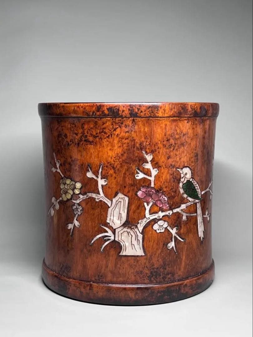 古美術　唐木　黄花梨　筆筒　筆立　螺鈿花紋　文房具　木製　置物　時代物　旧蔵