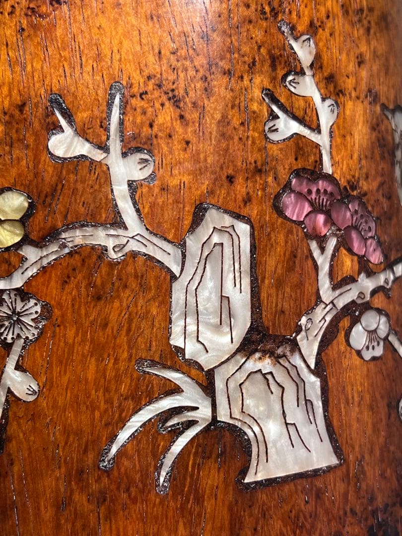 古美術　唐木　黄花梨　筆筒　筆立　螺鈿花紋　文房具　木製　置物　時代物　旧蔵