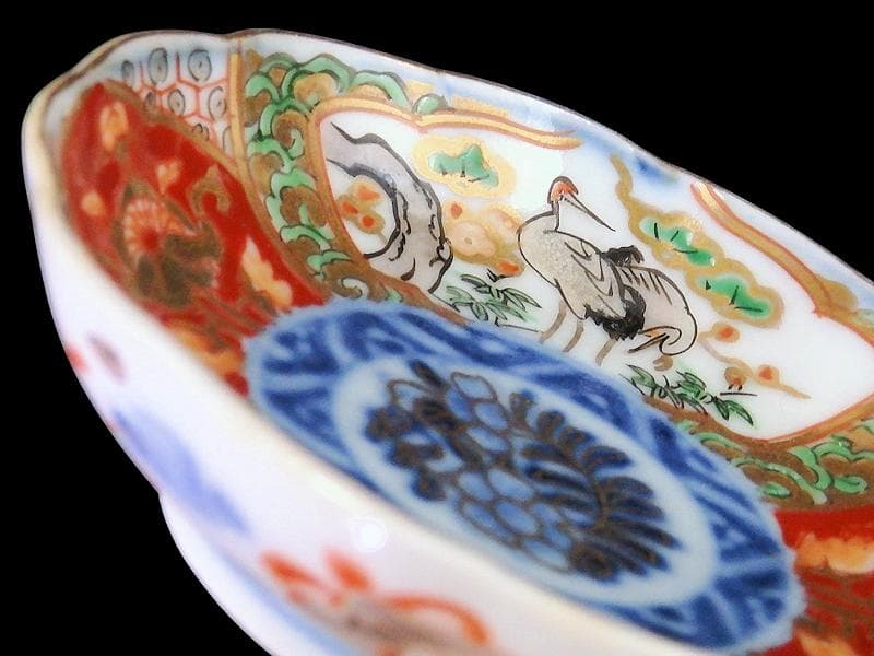 古伊万里　金襴手　松竹梅に双鶴　花の図　豆皿　E893AS-CTs