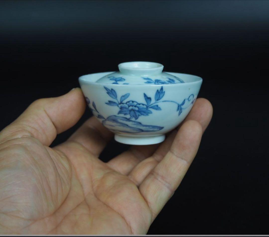 送料無料　江戸時代　青華染付蓋付茶碗５客　径7.6ｃｍ　小振り・極珍品