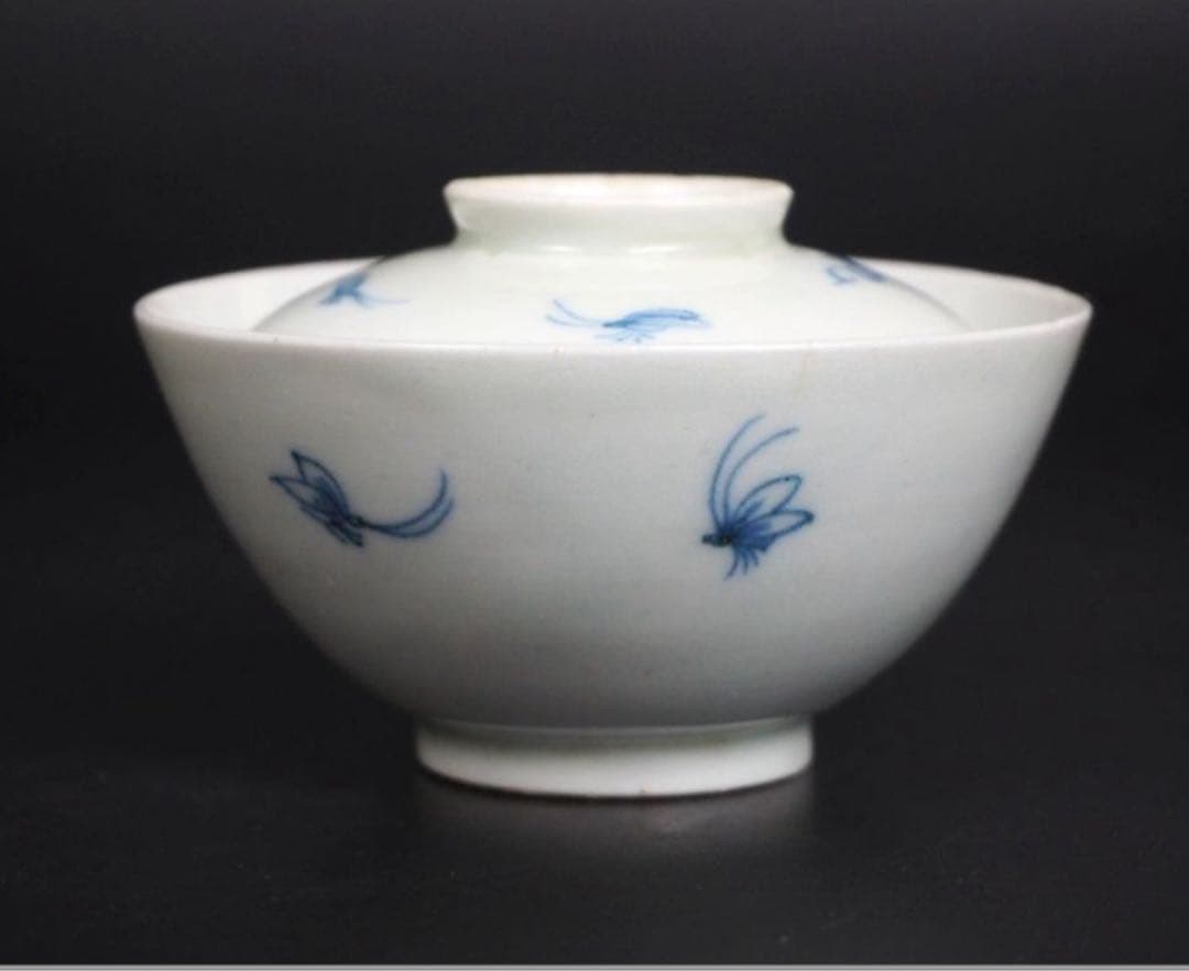 送料無料　江戸時代　青華染付蓋付茶碗５客　径7.6ｃｍ　小振り・極珍品