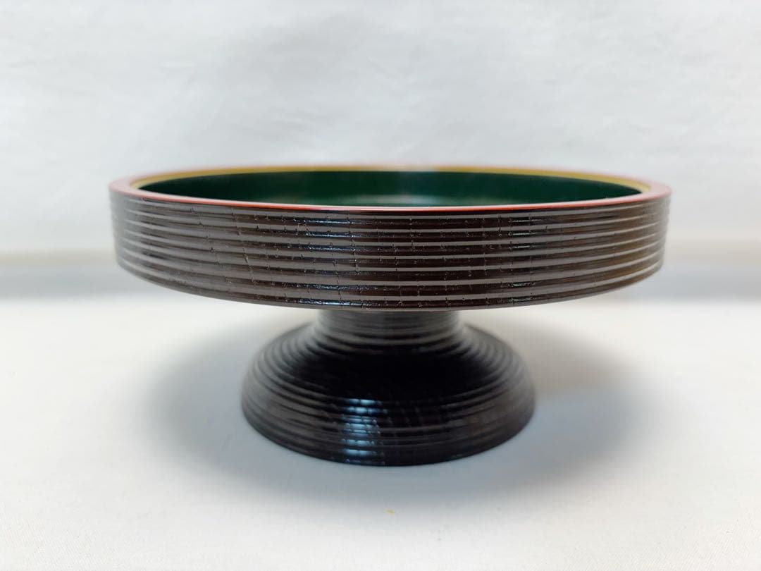 ほぼ未使用 茶道具 塗師川瀬表完作 ろくろ目 青漆菓子器 独楽菓子器 高杯 共箱