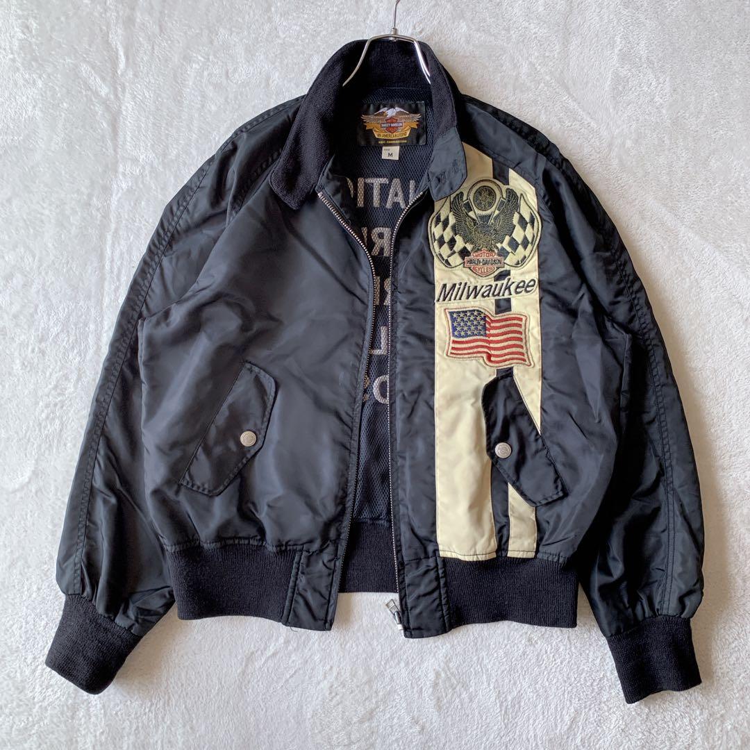 希少 ハーレー ダビッドソン ナイロン ライダース ジャケット バック刺繍ロゴ