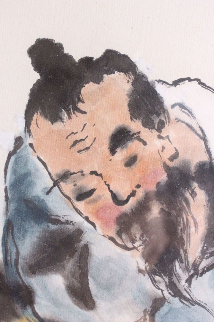 No4580 扁額装　墨彩画　人物図　書画　在銘　落款　肉筆紙本　絵画　送料無料