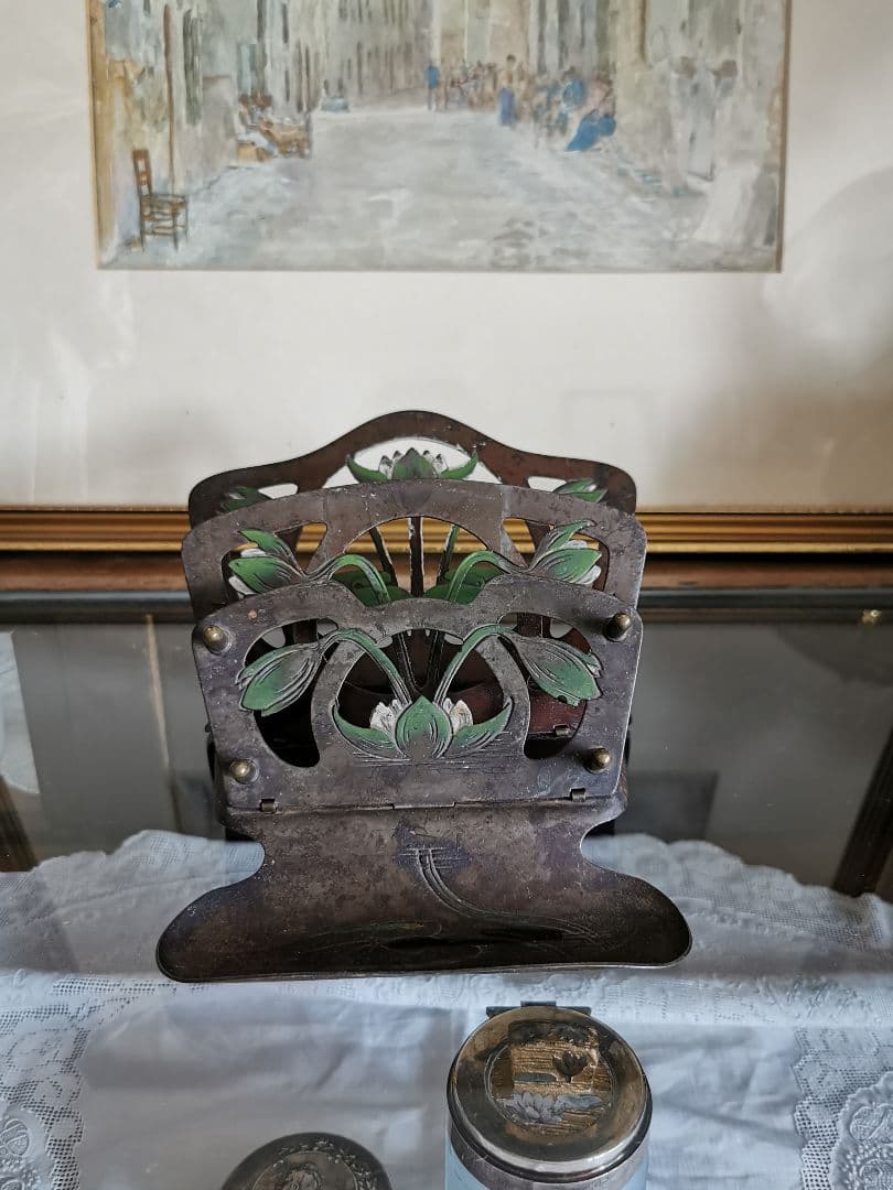 アンティークドイツ アールヌーヴォー ロータス 白水蓮レリーフ折畳レタースタンド