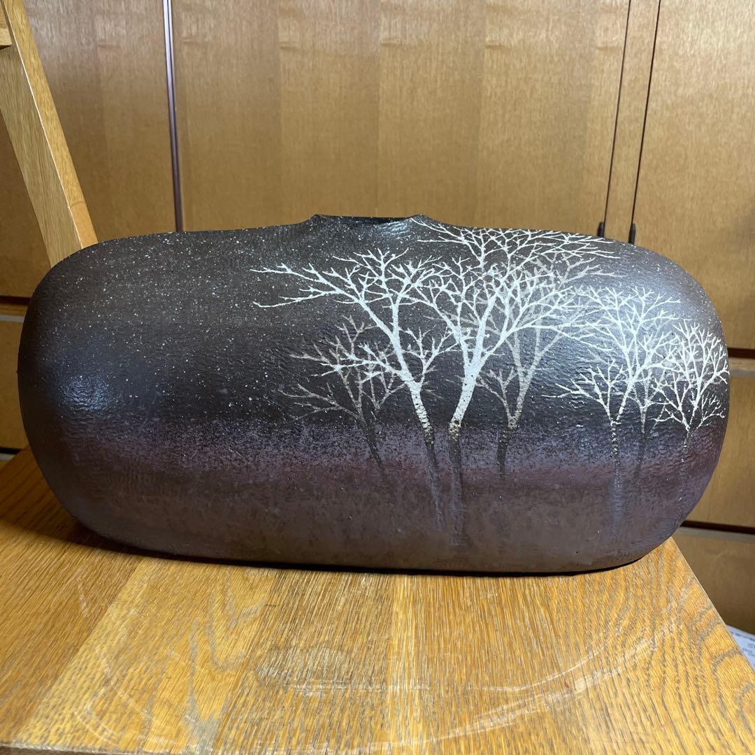 益子焼　佐伯守美　象嵌樹林文扁壺　共箱