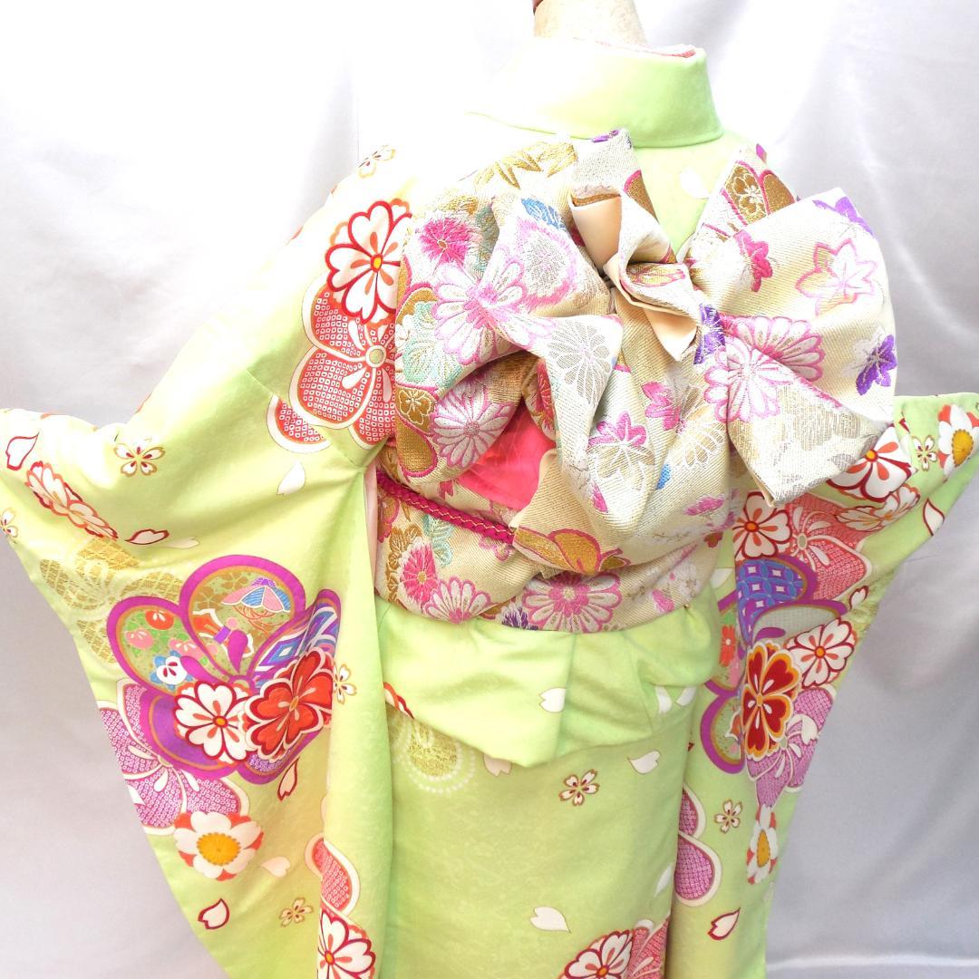 未使用品★洗える振袖　振袖フルセット　成人式　振袖　Ｌサイズ　トール　黄緑　花柄