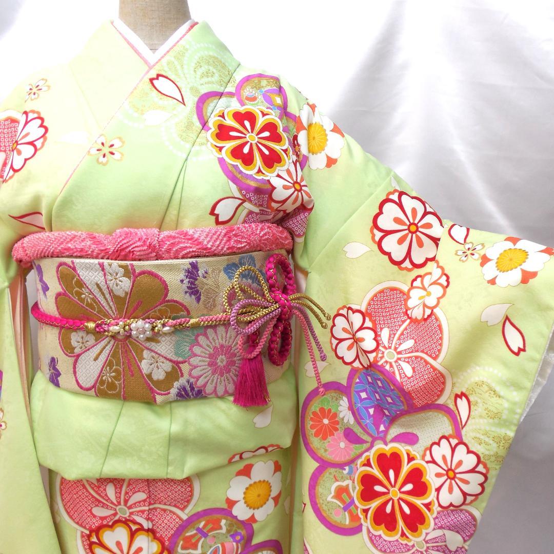 未使用品★洗える振袖　振袖フルセット　成人式　振袖　Ｌサイズ　トール　黄緑　花柄