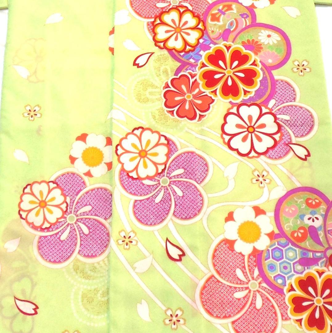 未使用品★洗える振袖　振袖フルセット　成人式　振袖　Ｌサイズ　トール　黄緑　花柄