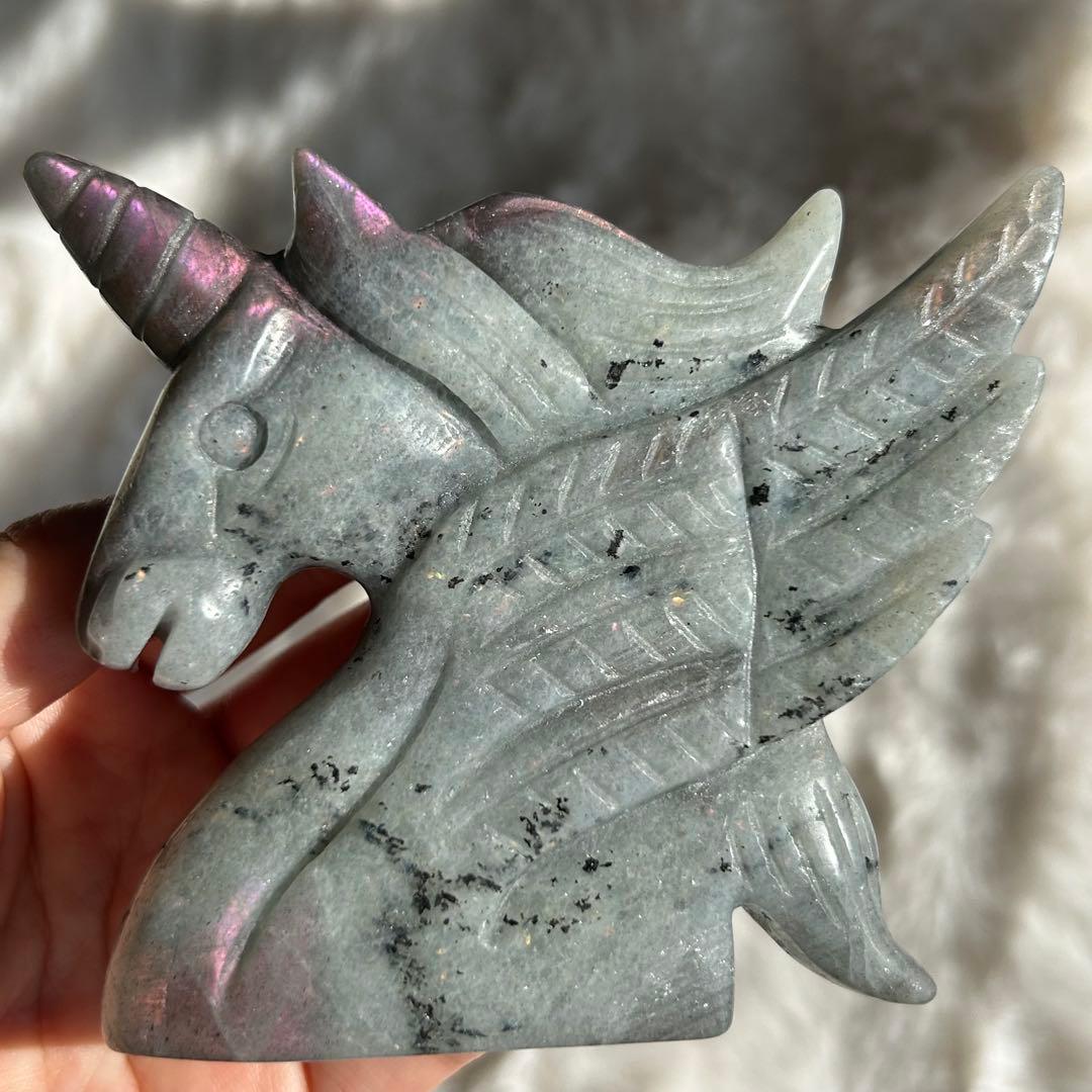 【 ラブラドライト ユニコーン ペガサス 彫物 鉱物 インテリア ユニサス　】