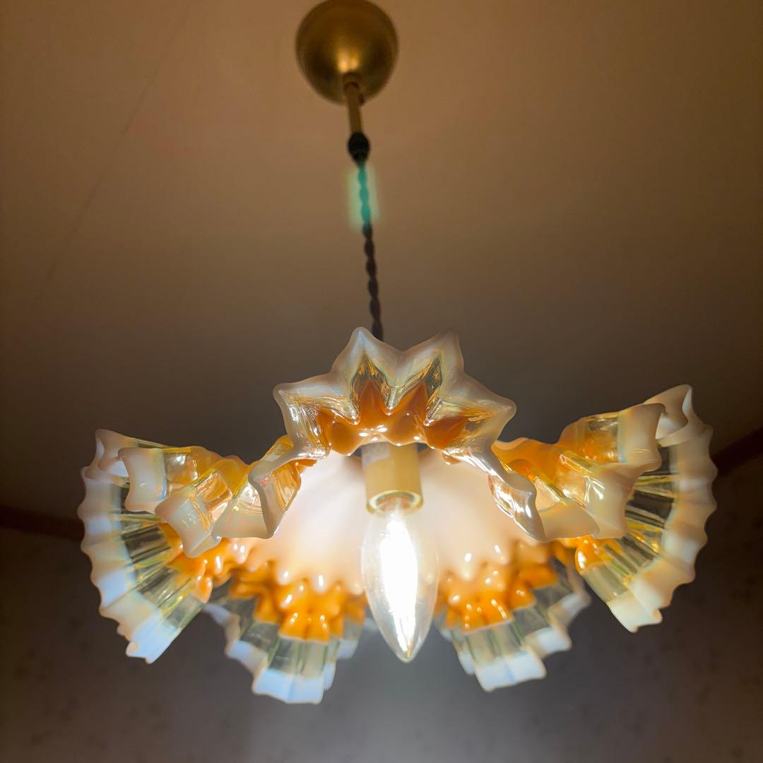 フランス アンティーク ガラスランプシェード　ヴァセリンガラス