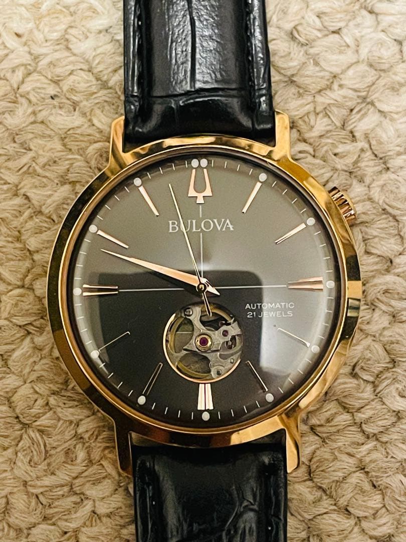 新*郎様 Bulova クラシック自動巻き ピンクゴールドブラック新品革ベルト交