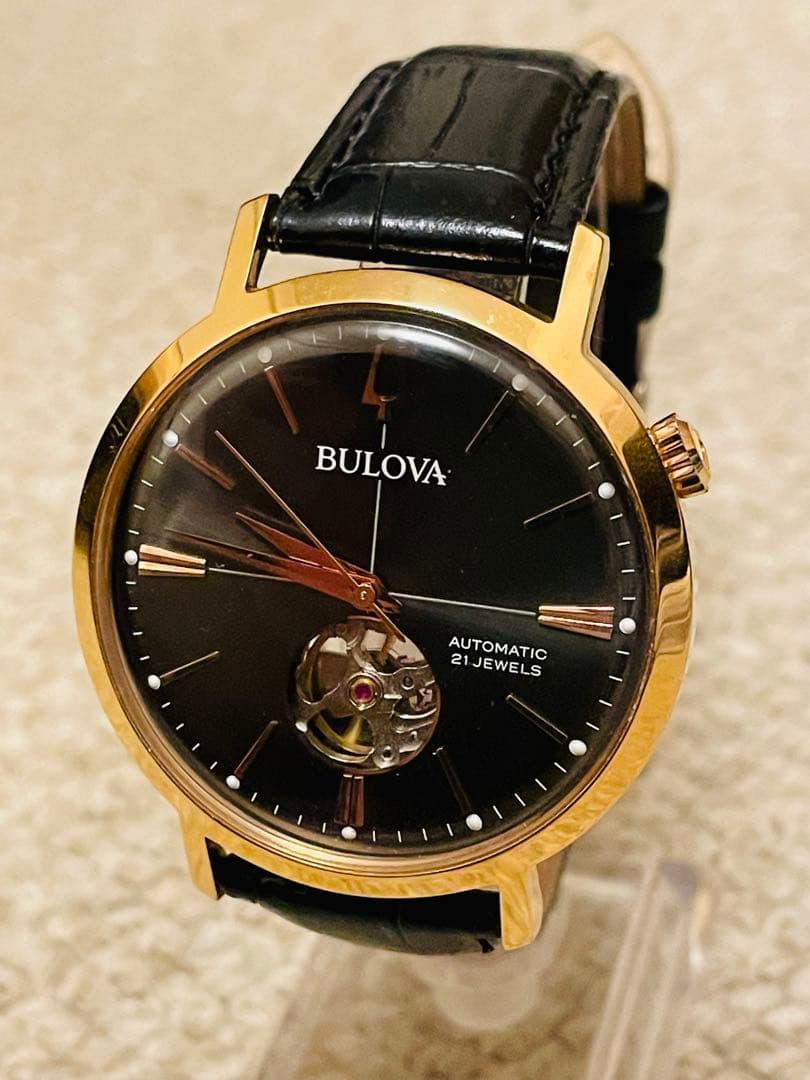 新*郎様 Bulova クラシック自動巻き ピンクゴールドブラック新品革ベルト交