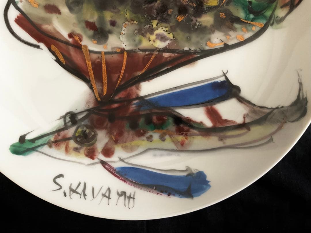 稀少！加山四郎(1900~1972)自筆絵付皿「鰈ほうぼうと鰈の図」供箱入