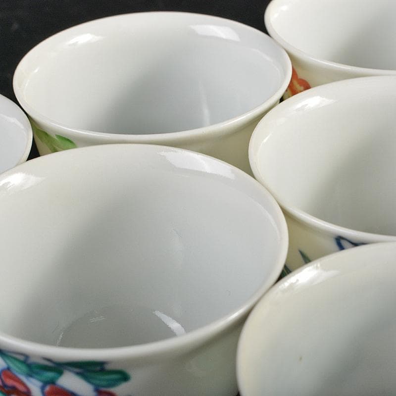 京焼　平安七甫作　色絵　模様絵変わり　花文　玉露碗　六客　共箱　M　R6838