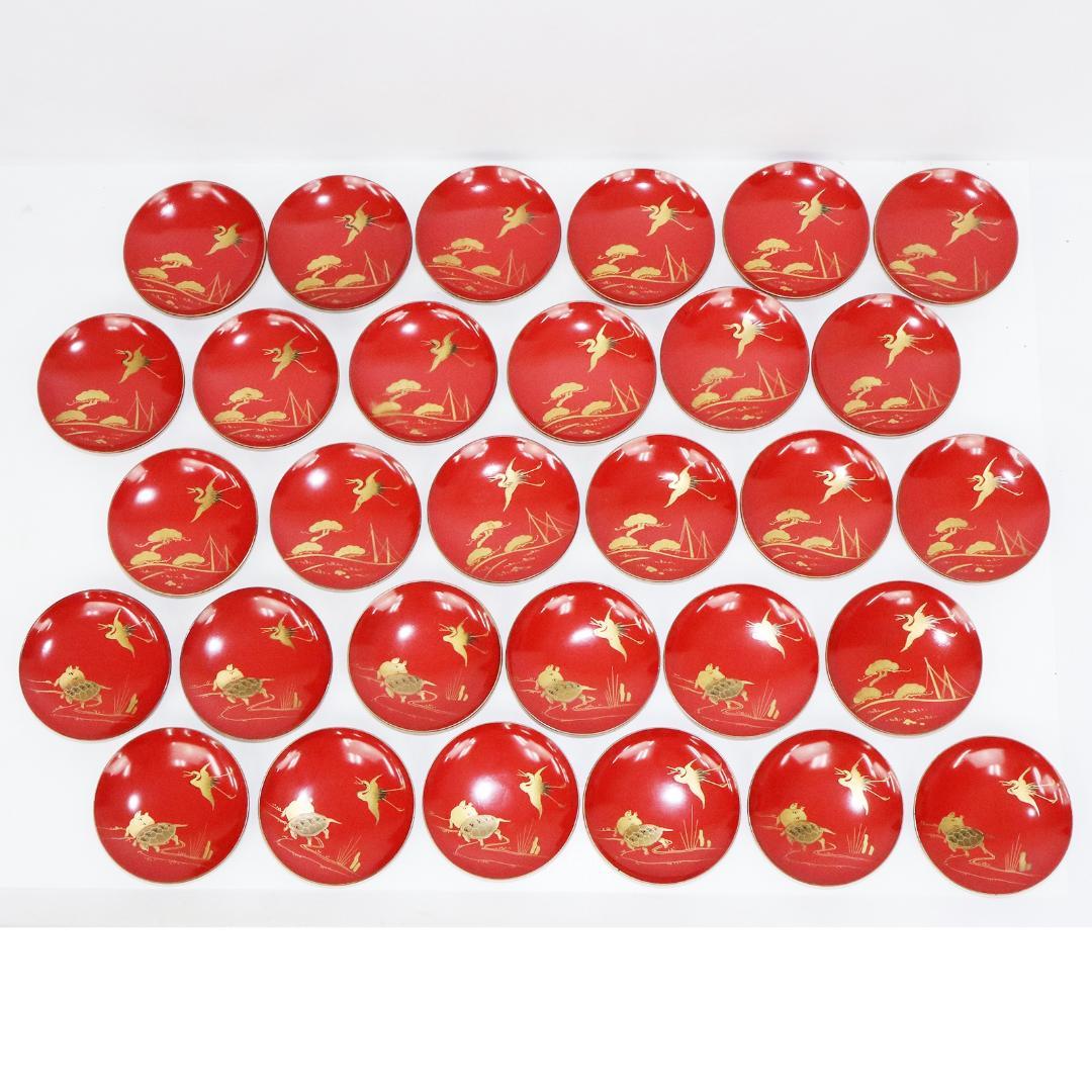 漆芸 絵変わり 鶴亀 鶴 金蒔絵 朱塗引盃 三十客 木皿 箱付き