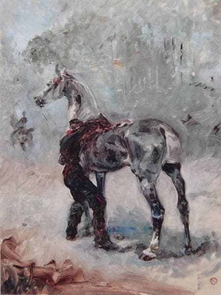 トゥールーズ・ロートレック、馬に鞍をつける砲兵、希少画集画