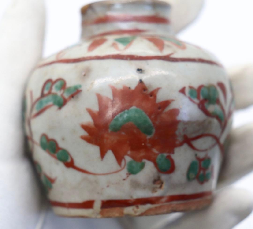 中国　明時代　紅緑彩茶壺　木箱入　送料込み0321