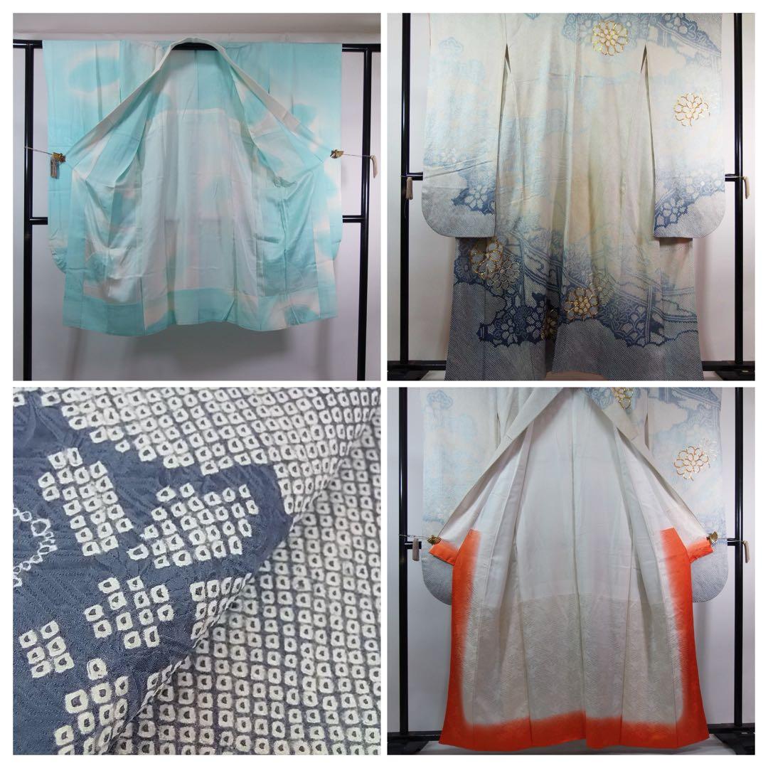 総絞り　振袖フルセット　袋帯　長襦袢　帯揚げ　帯締め絹のダイヤモンド　やや難あり