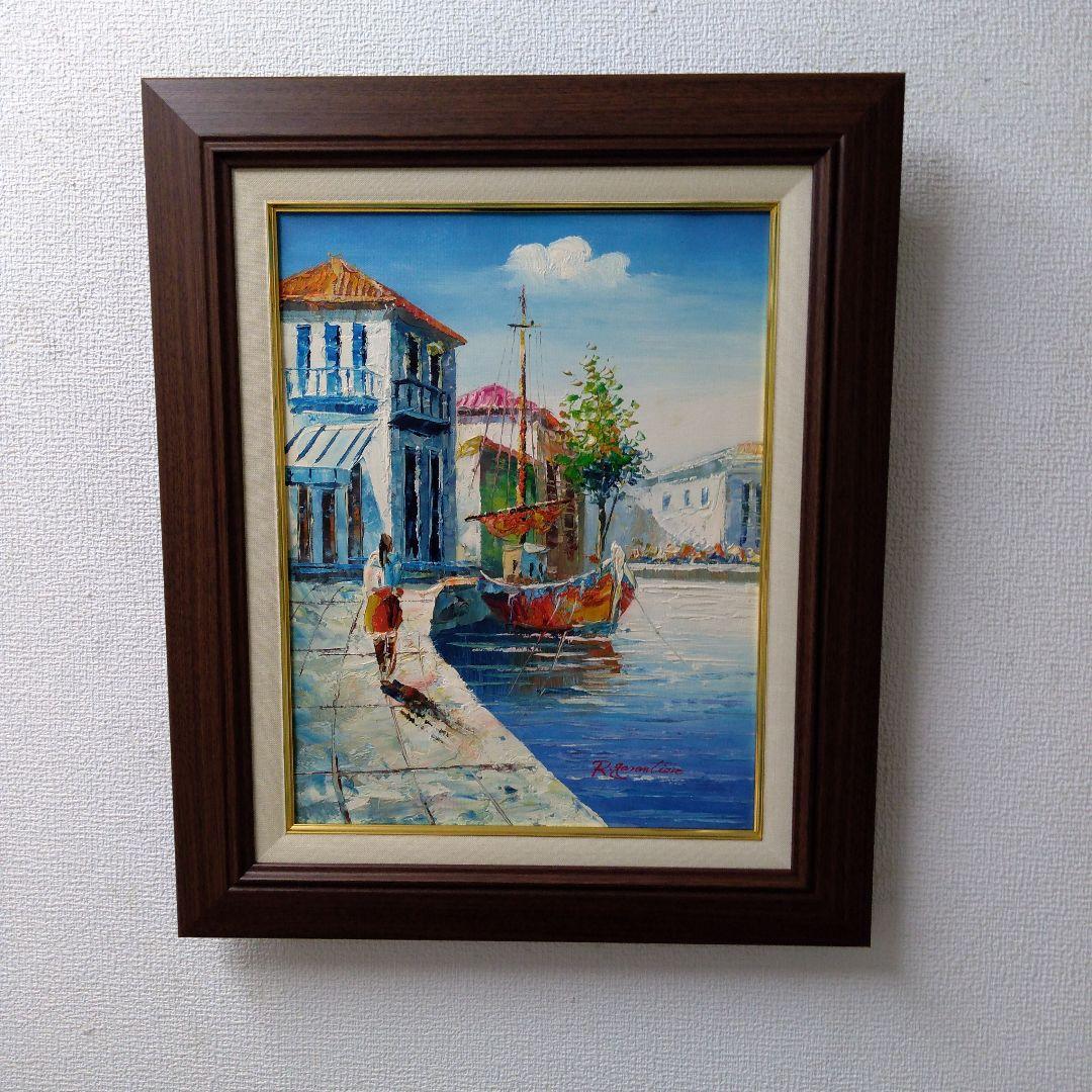 肉質油絵　立て　F6 海辺の家　額装仕上げ品