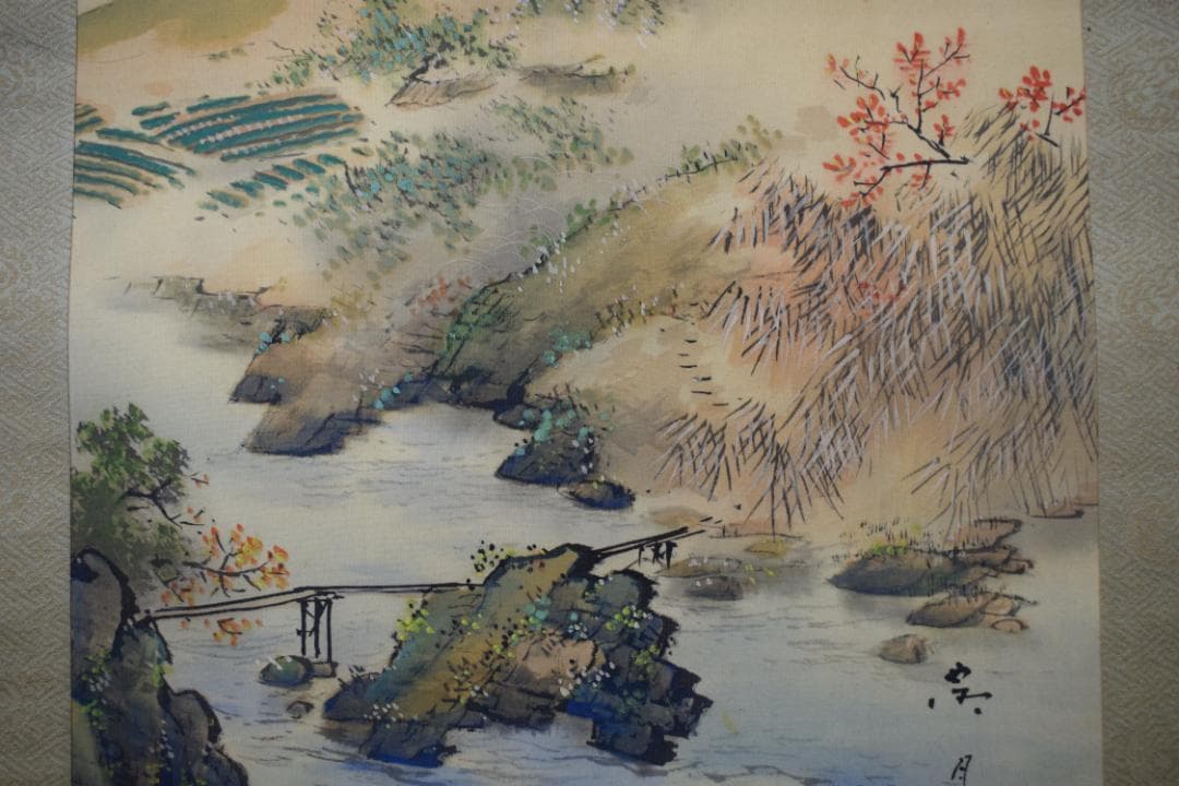 【真作】村田露月/青緑秋景山水図/秋景山家図/掛軸☆宝船☆Y-553　JM