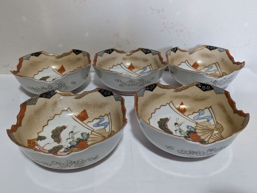 ♦九谷焼 明治時代 金彩色絵 団扇松鶴図 四方鉢 向付 茶道具 古美術 骨董品