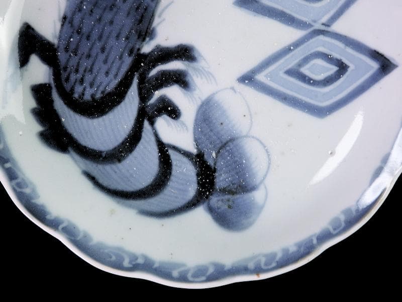 古伊万里　染付　海老に三枡紋の図　市川海老蔵　7寸皿　D813AS-CQb