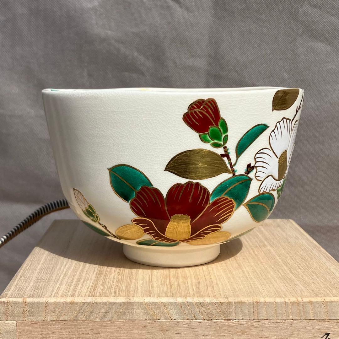 相模竜泉造 色絵椿画 抹茶碗 共箱共布