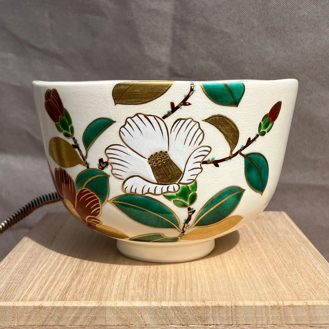 相模竜泉造 色絵椿画 抹茶碗 共箱共布
