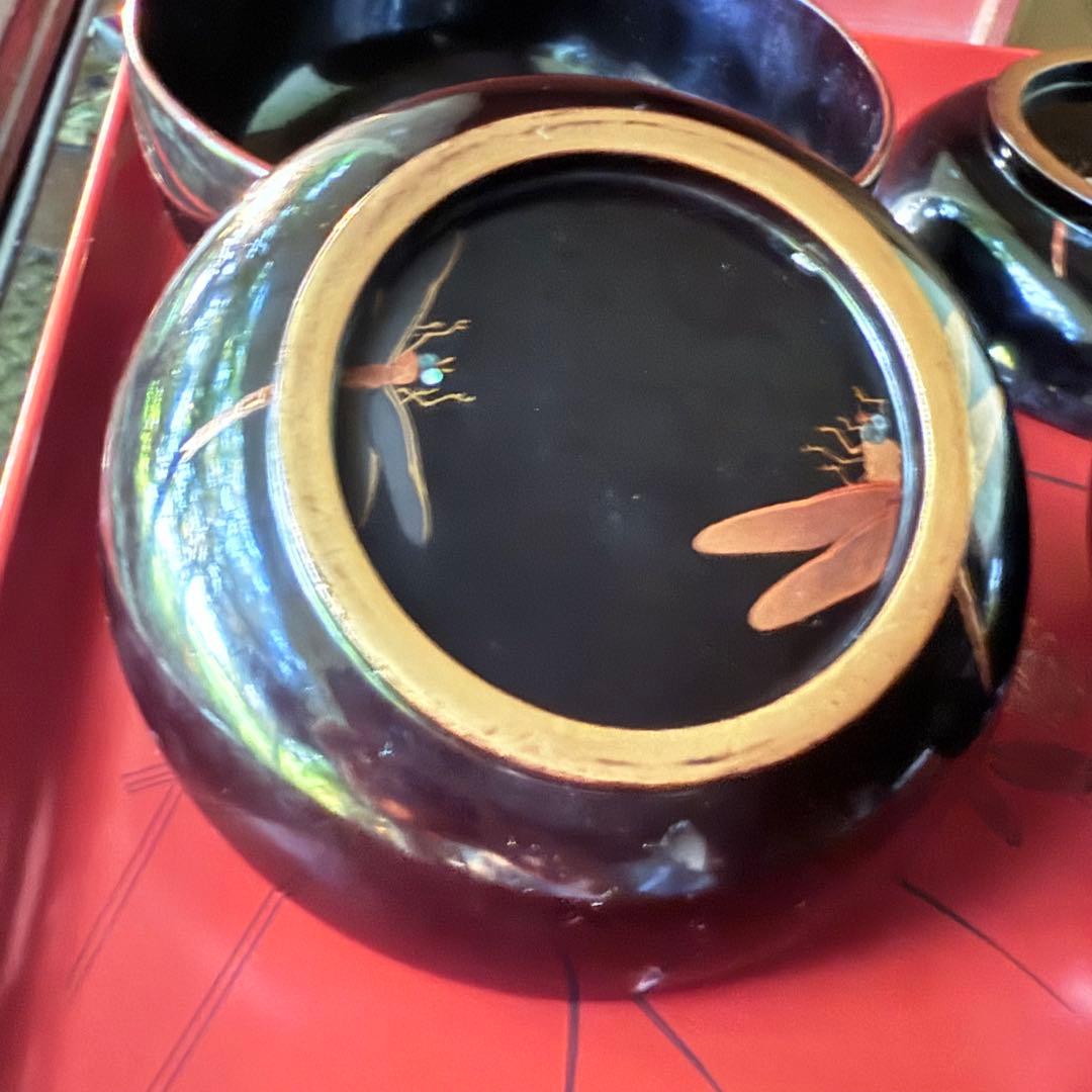 Y様へ感謝お嫁入‼️JAPAN螺鈿蒔絵『蜻蛉かげろう＆菊＆木蓮』真塗金縁吸物椀3客