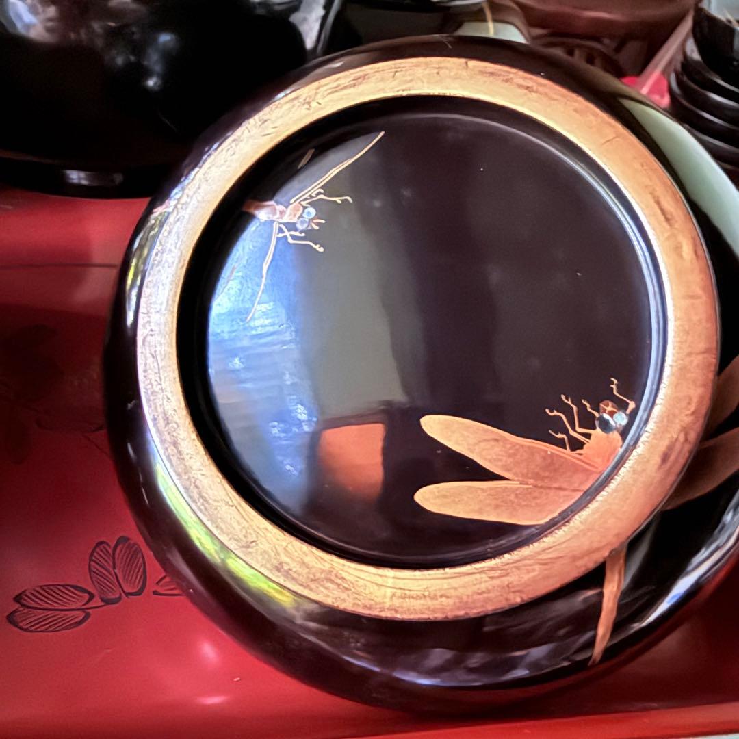 Y様へ感謝お嫁入‼️JAPAN螺鈿蒔絵『蜻蛉かげろう＆菊＆木蓮』真塗金縁吸物椀3客